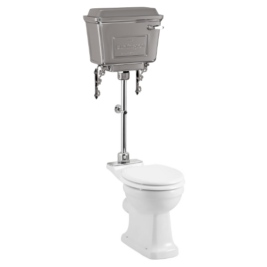 Rimless close-coupled pan with Chrome Aluminium cistern and medium-level flush pipe kit